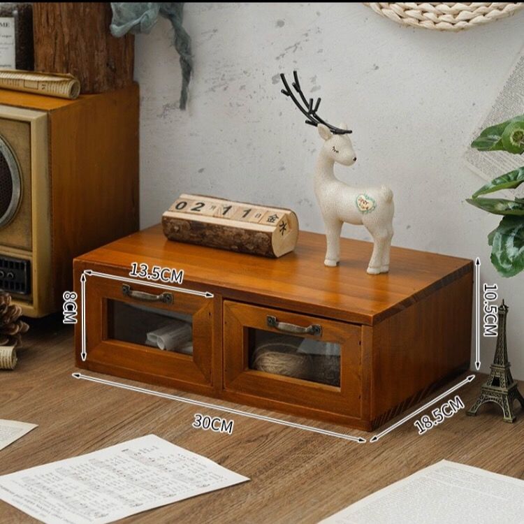 Retro computer monitor elevated base office wooden desktop storage box glass drawer wooden box