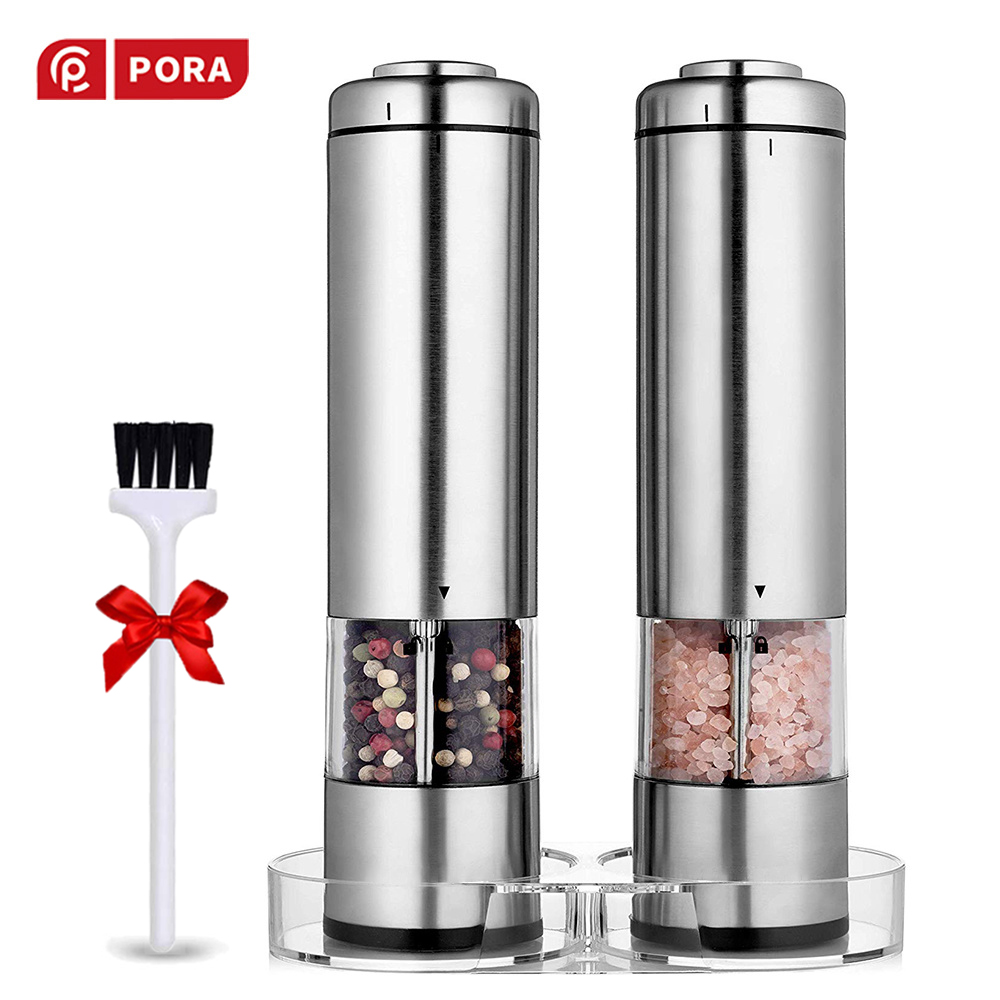 Pora-salt- och pepparshaker med ställ pepparkvarn set rostfritt stål automatisk mjölkvarn för kök elektrisk kryddkvarn: A