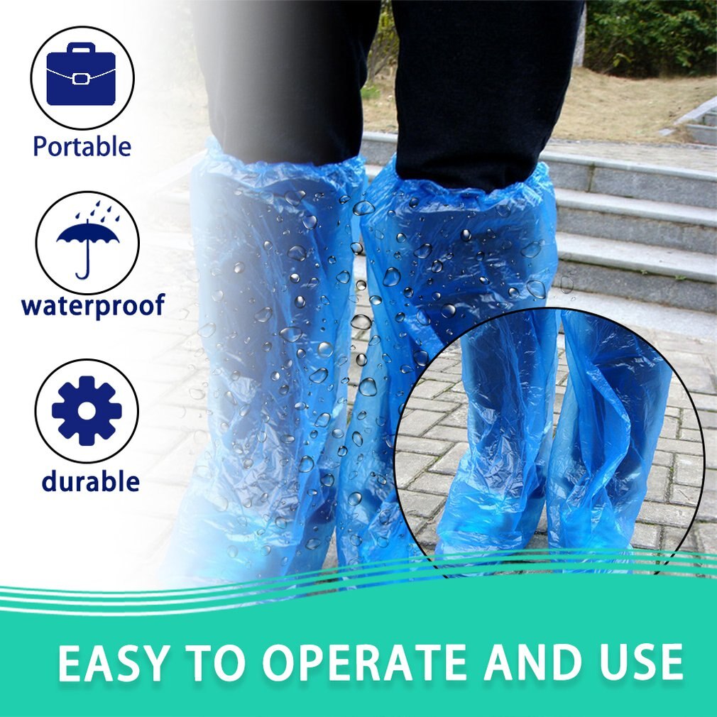 Engangs skoovertræk blå regnsko og støvler betræk plast lang skoovertræk klar vandtæt skridsikker overtrækssko