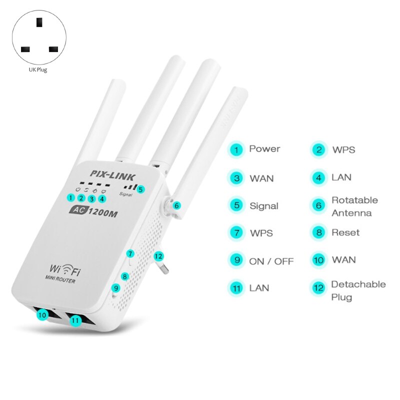 1200 mbps draadloze repeater, signaalversterking router gigabit, ondersteuning voor 2.4 ghz /5 ghz dual-band wifi, voor kantoor uk-stekker