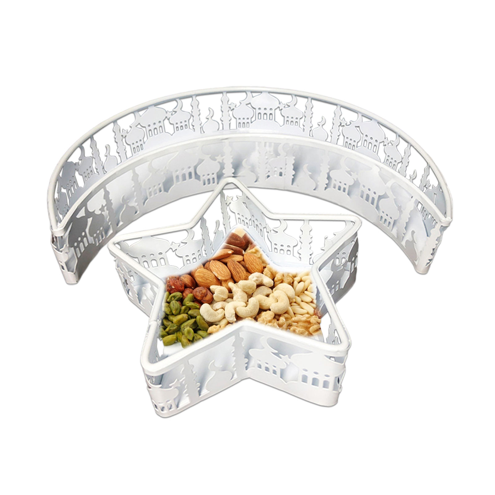 Moon Star Shaped Trays Ramadan Serving Dishes for Eid Mubarak Islam Muslim Eid Al-Fitr Iftar Party Crescent Iron Platters Decor: White