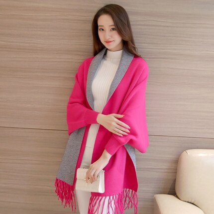 Kmetram otoño e invierno mujer suéter cárdigan poncho de punto con borlas sueltas para bodas de mujer suéter con capa y chal con mangas de murciélago  hh589: Rosa roja con gris