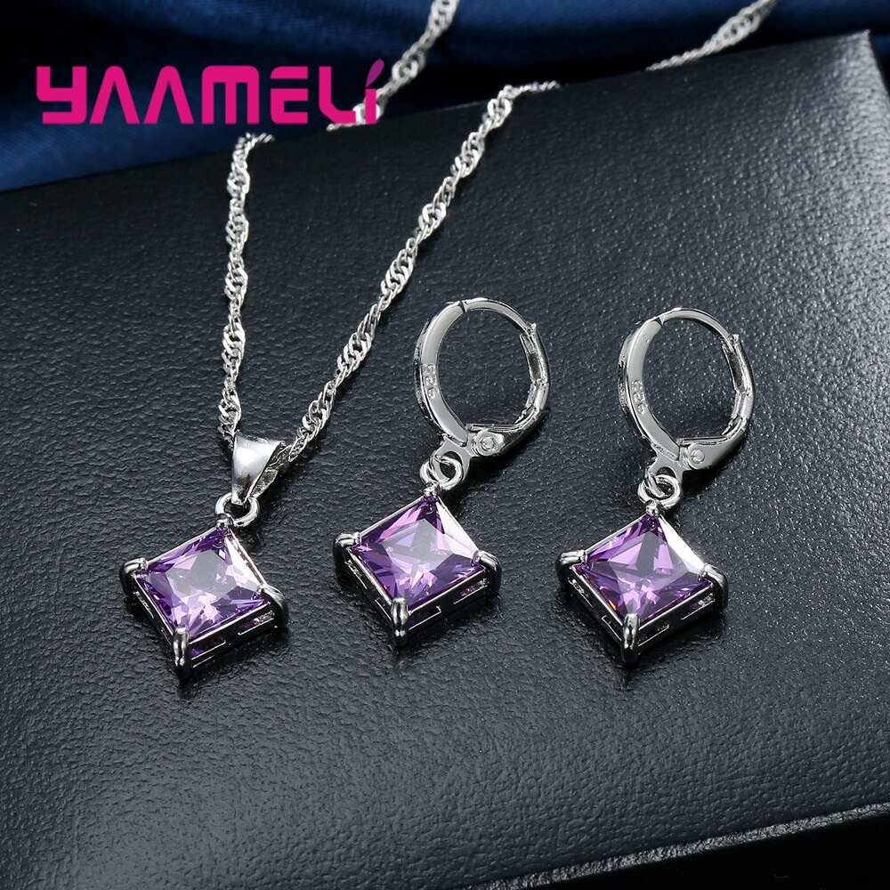 Authentieke 925 Sterling Zilveren Glanzende Cz Geometrische Klassieke Vierkante Huggie Oorbellen Ketting Sets Voor Vrouwen Fijne Sieraden