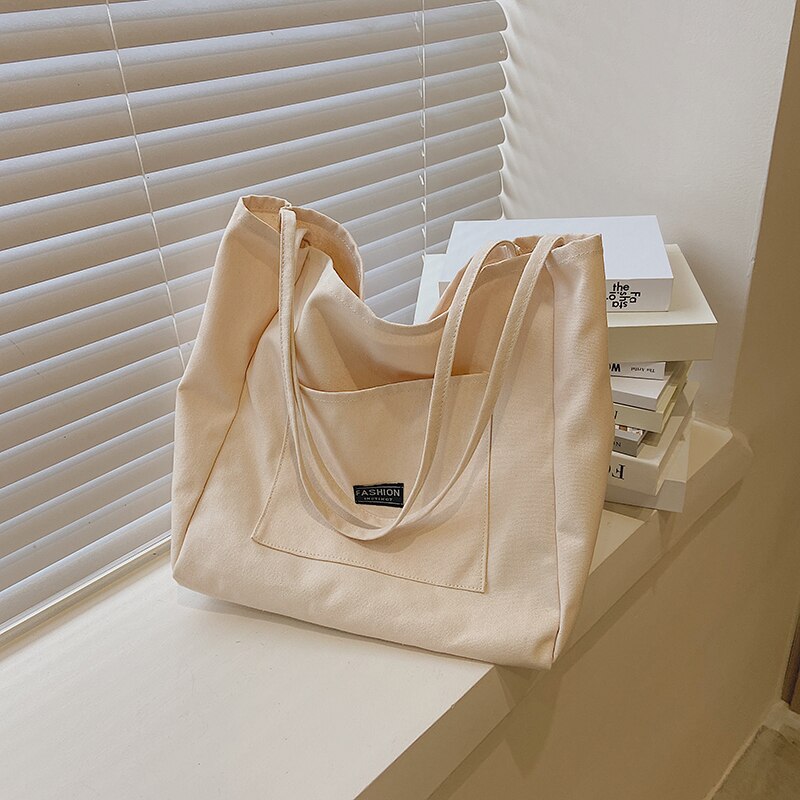 Canvas Boodschappentassen Grote Capaciteit Kruidenier Opslag Pakket Schouder Patch Dagelijkse Shopper Totes Eenvoudige Koreaanse Stijl Trendy: white