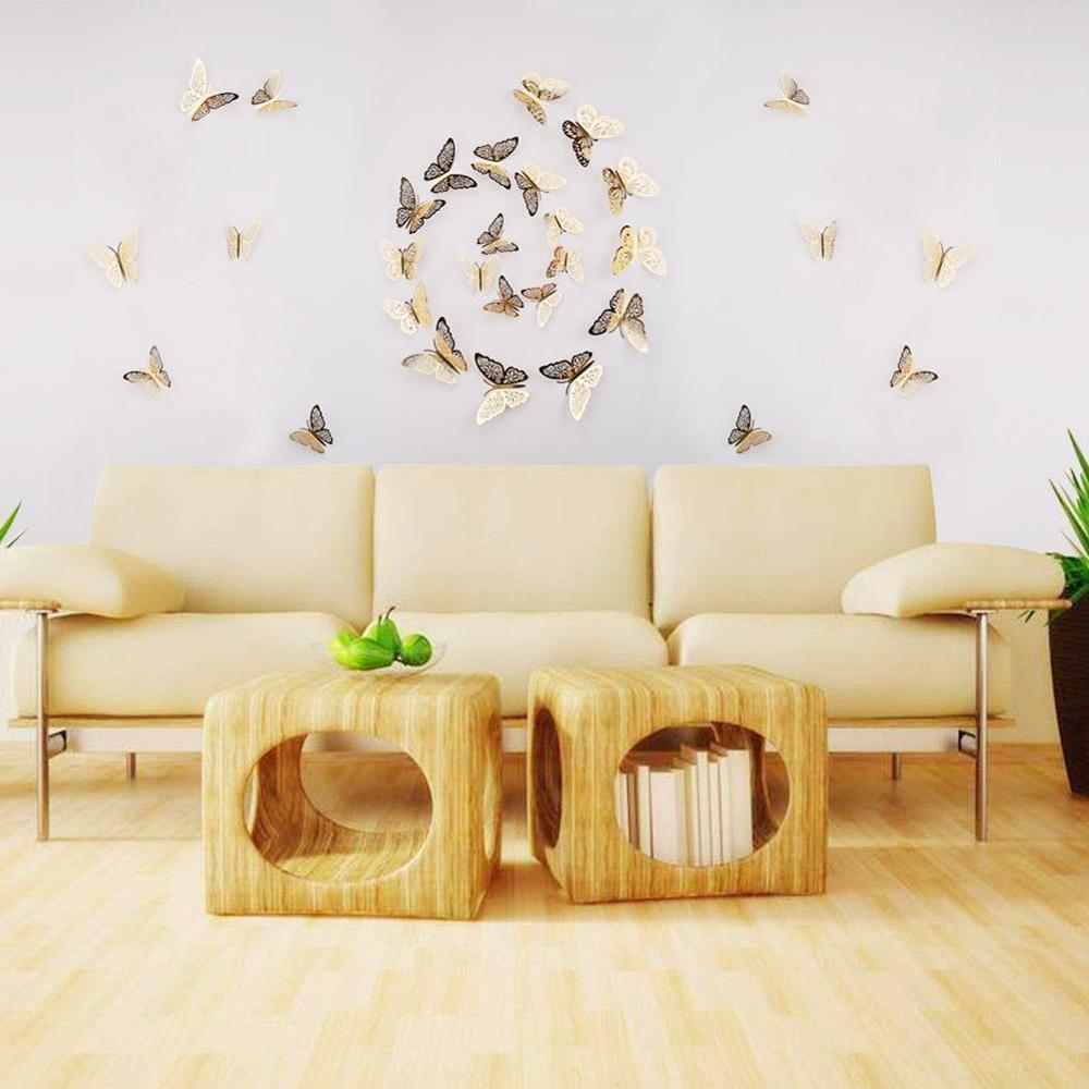 12 pièces/paquet 3D doré papillon Stickers muraux bricolage creux papier ornement de mariage disposition papillon Simulation décoration murale