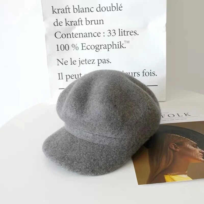 Tomkhu 100%  ullfilt vinter hestelue fast varmere kvinner beanies lokk klassisk fransk stil beret femme beanies damer lokk: Grå