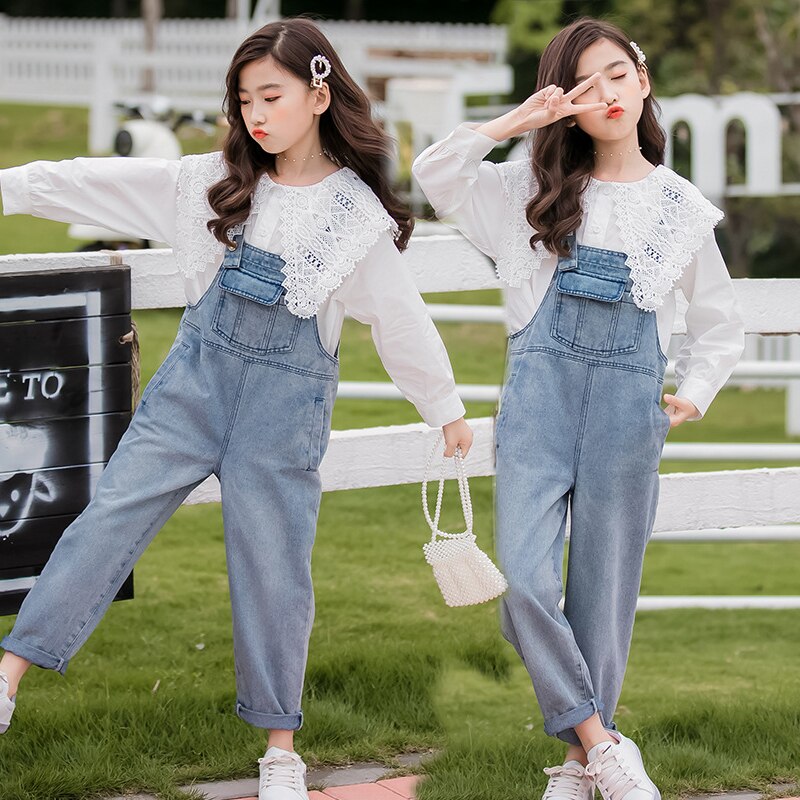 Monos de primavera para niños, Mono vaquero holgado para niñas, pantalones vaqueros para niños, ropa sólida para niñas, salopetas para estudiantes, 12, 13 y 14 años