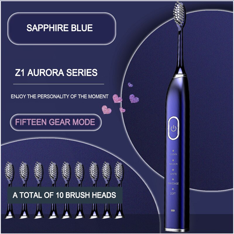 Ultrasonic Electric Toothbrush Sonic wave 360° Teeth Brush For Adult Waterproof IPX7 With 10 Brush Heads Rechargeable USB Charge: Z1 Blue 15 Gears
