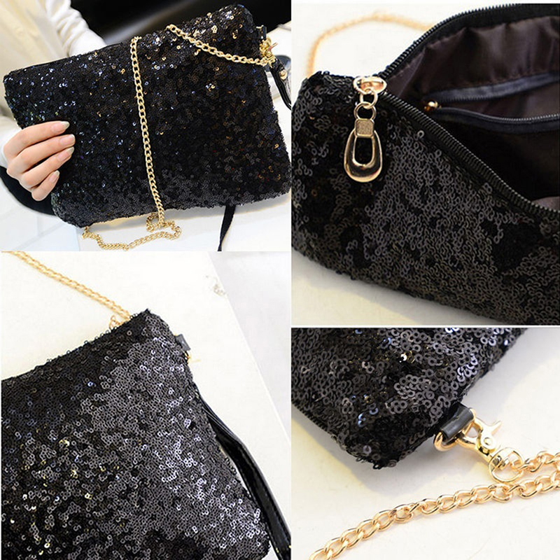 Women Ladies Glitter Sequins Handbag Sparkling Party Evening Envelope Clutch Bag Wallet Tote Purse Black Gold Silver