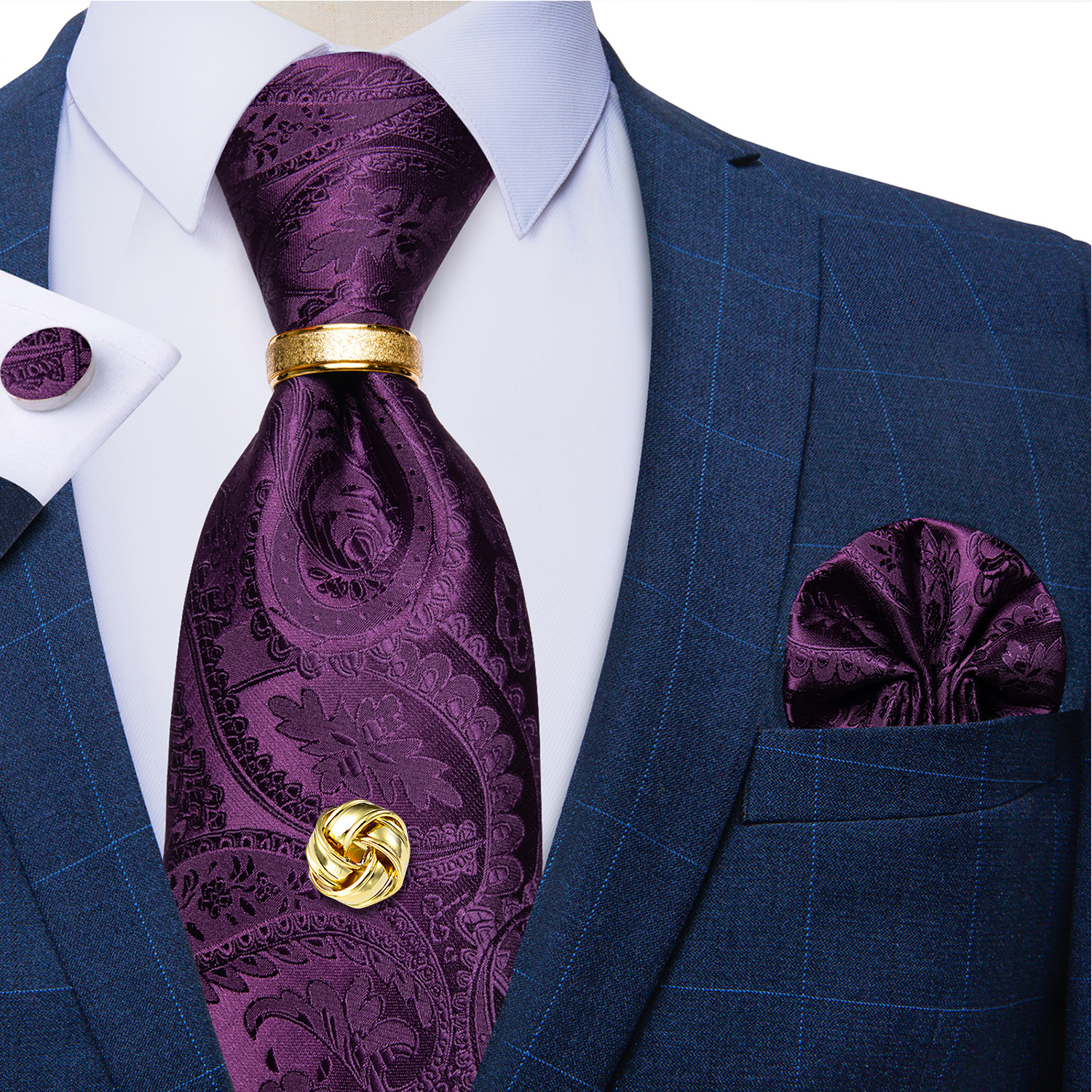 Corbatas de poliéster de Cachemira roja para hombre, 5 uds., con lazo de Metal de Color dorado, pañuelo, gemelos, boda de lujo, graduación, corbata de 8cm: Rojo