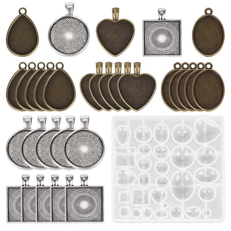 30 Pieces 5 Styles Pendant Trays Round & Square Heart & Teardrop & Oval,And 1 Pcs Jewelry Casting Molds For Pendant Crafting Diy