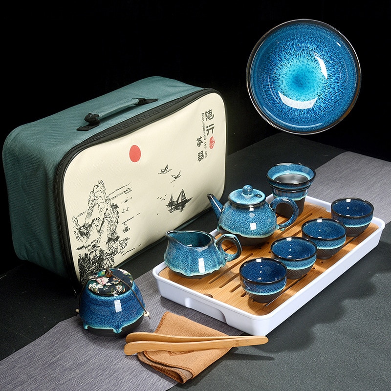 Kinesisk te sæt blå rav glasur keramisk jingdezhen temmoku glasur udsøgt sæt kung fu te kop bærbar tekande gaiwan te kopper