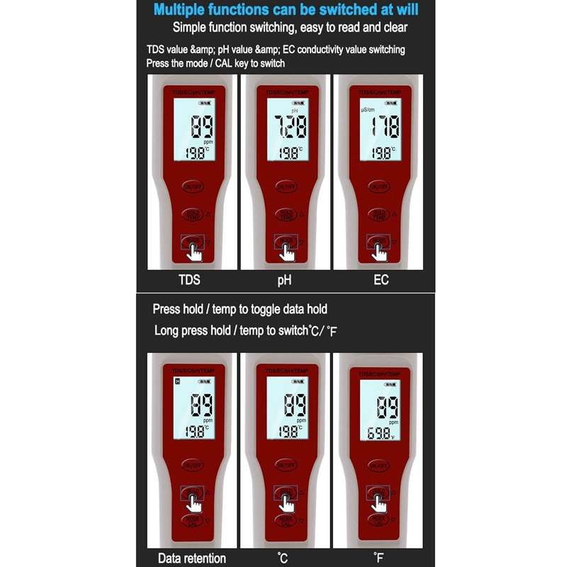 Water PH Tester 4 in 1 Function PH TDS EC Temp Digital Water Tester Monitor Meter Test Pen