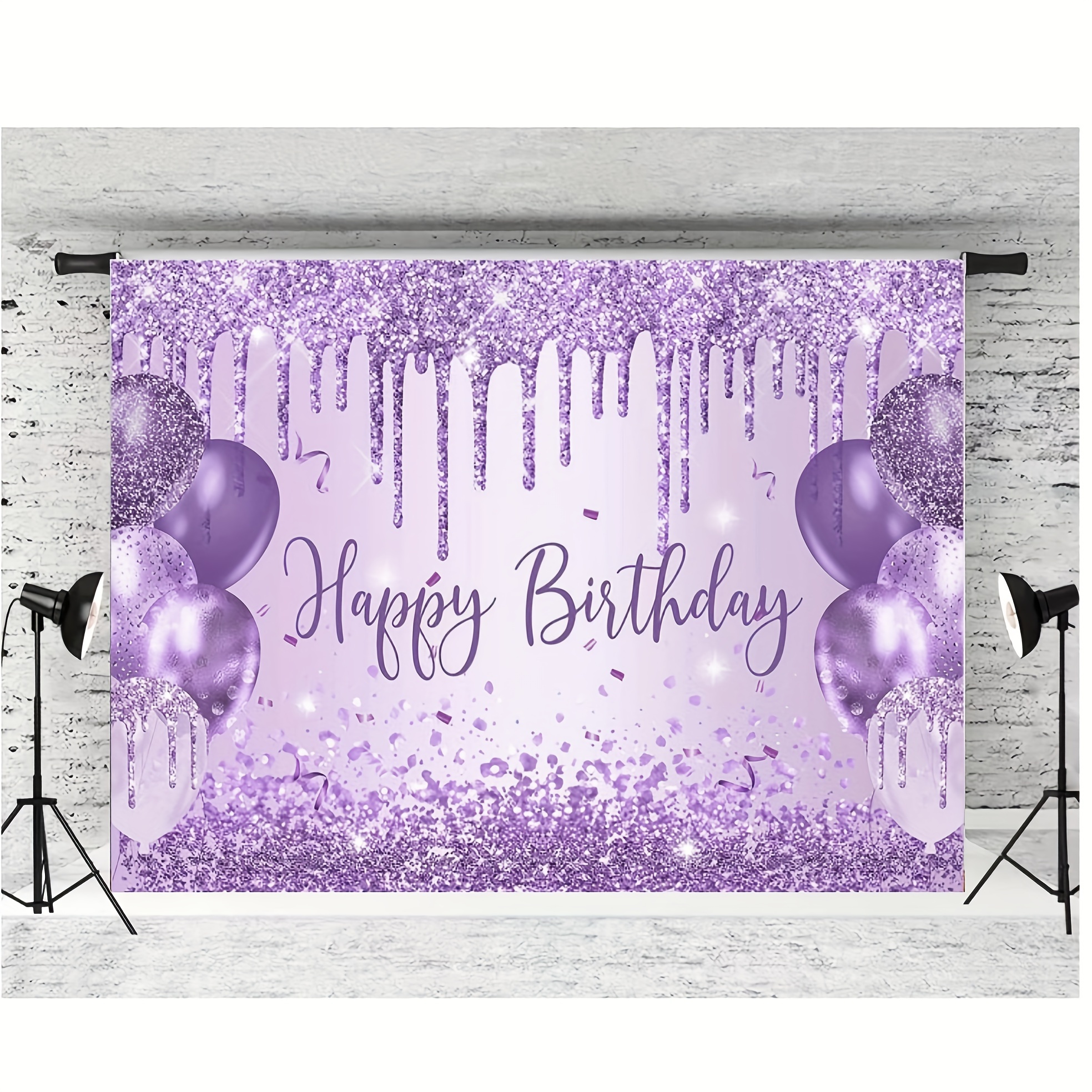 Purple glitter birthday background with balloons and "Happy Birthday" text - perfect for party decorations