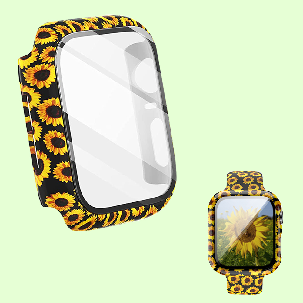 Funda + cristal para Apple Watch 44mm 40mm 38mm 42mm, cubierta protectora de leopardo de para parachoques de PC duro para iWatch SE 6 5 4 3 2 1