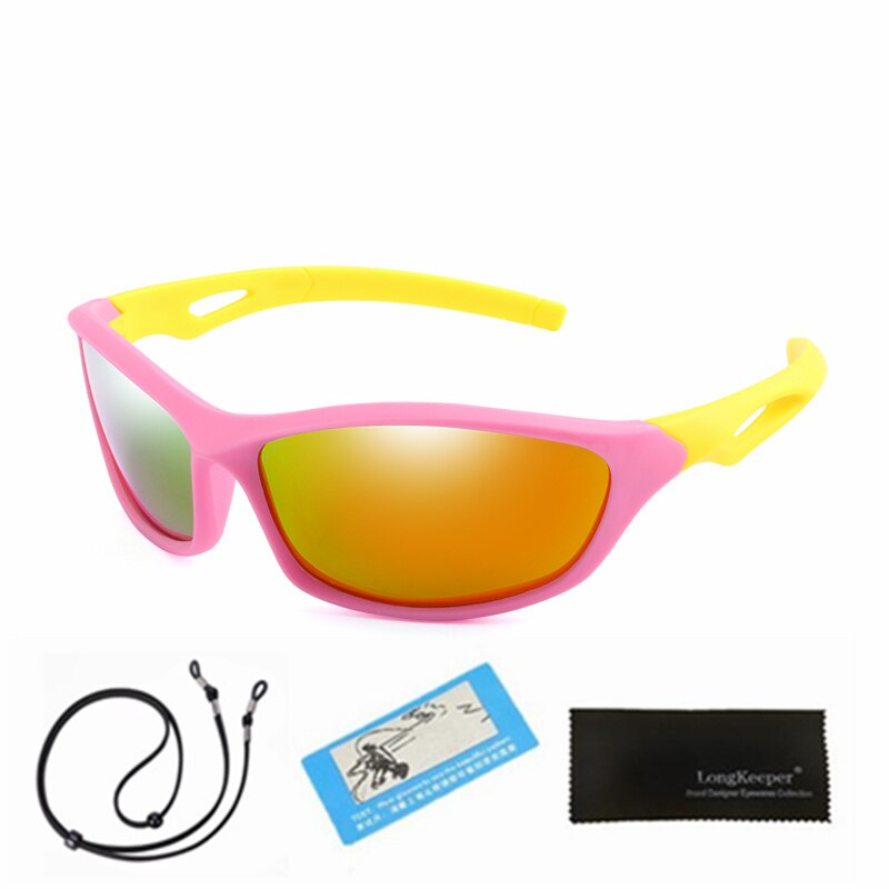 Sport Zonnebril Kids Gepolariseerde Kind Zonnebril Meisje Jongen Outdoor Spiegel Lenzenvloeistof Flexibele Bril UV400 Ciclismo Met Touw: Pink Orange
