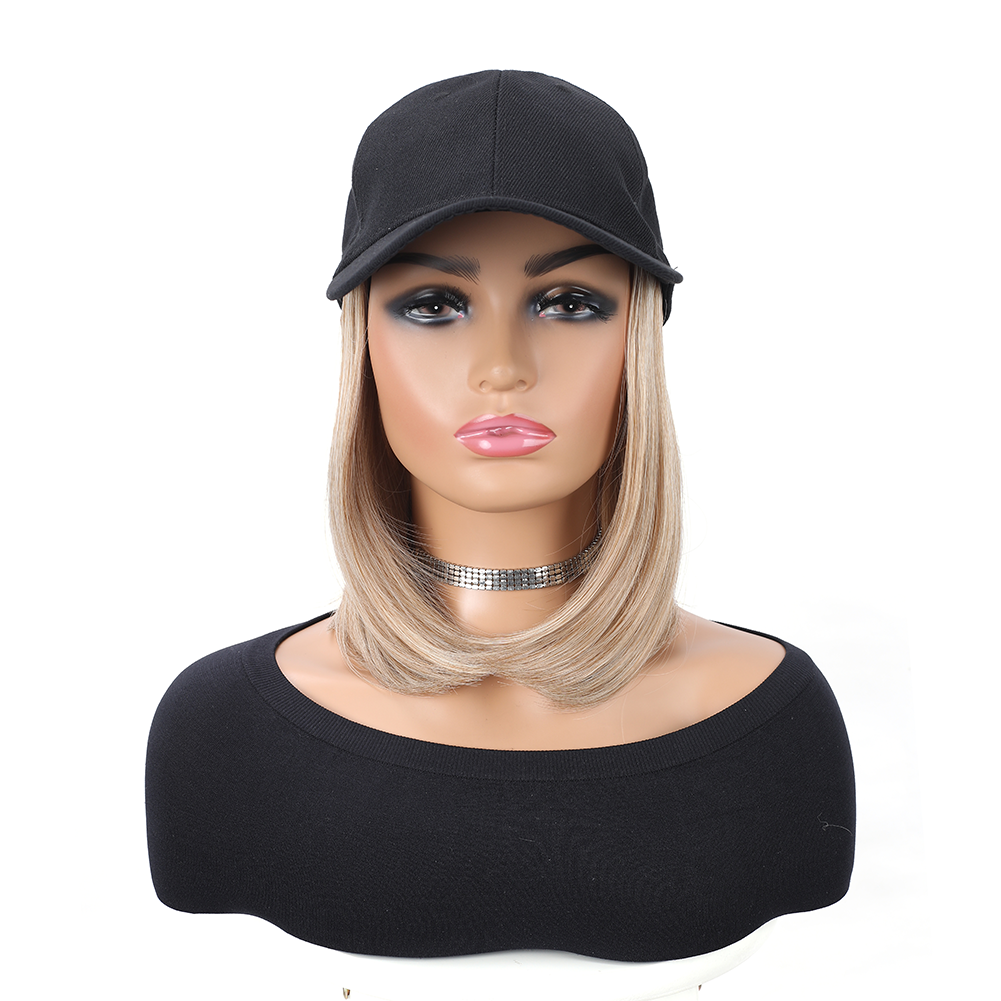 Gorra de béisbol con extensiones de cabello sintético, peinado Bob corto liso, peluca extraíble ajustable, sombrero de 10 pulgadas para mujer y niña: T1B/púrpura