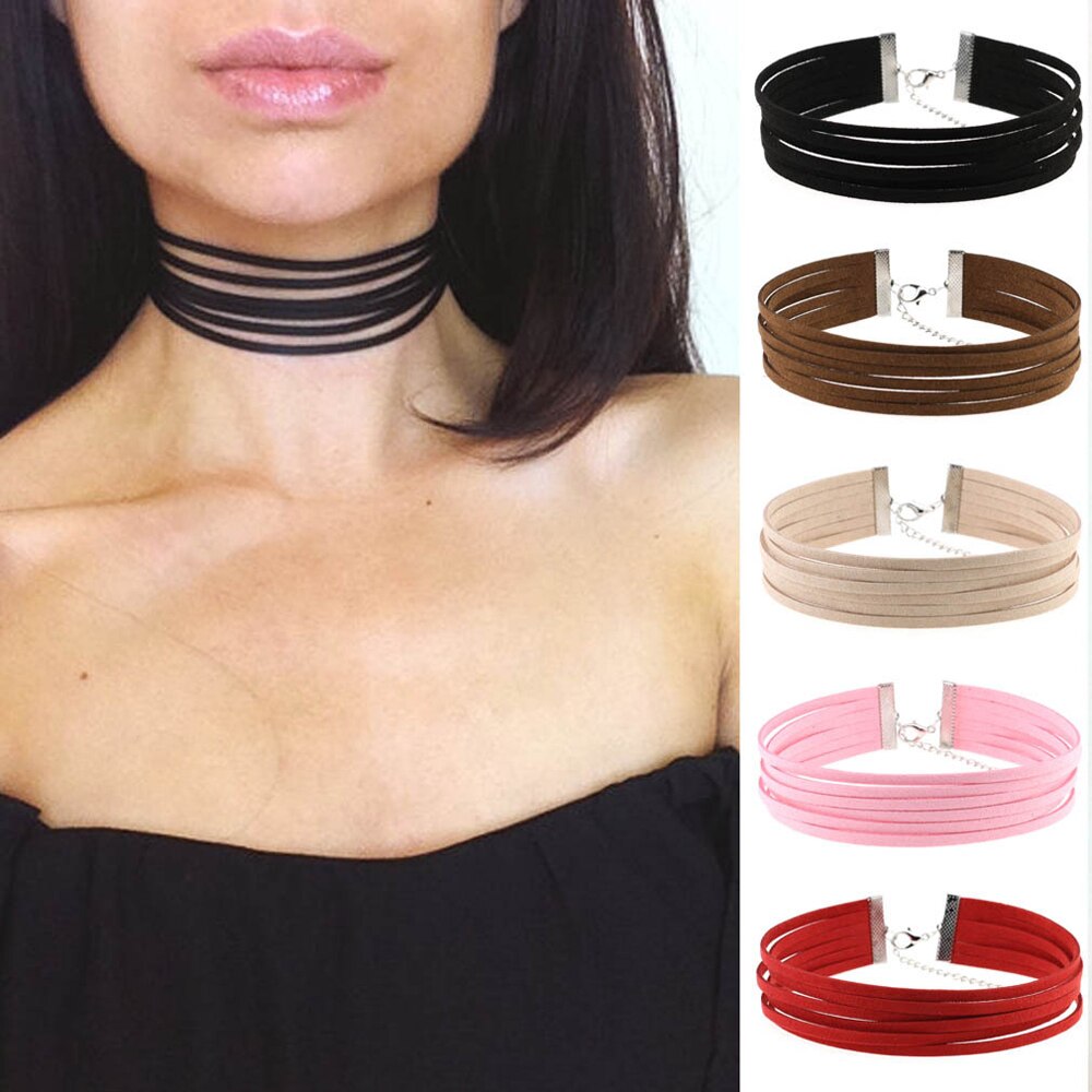 Gothic Multilayer Samt Halsband Einstellbar Kette Einfarbig Frauen -Punk Kurze Halskette Schlüsselbein Kette