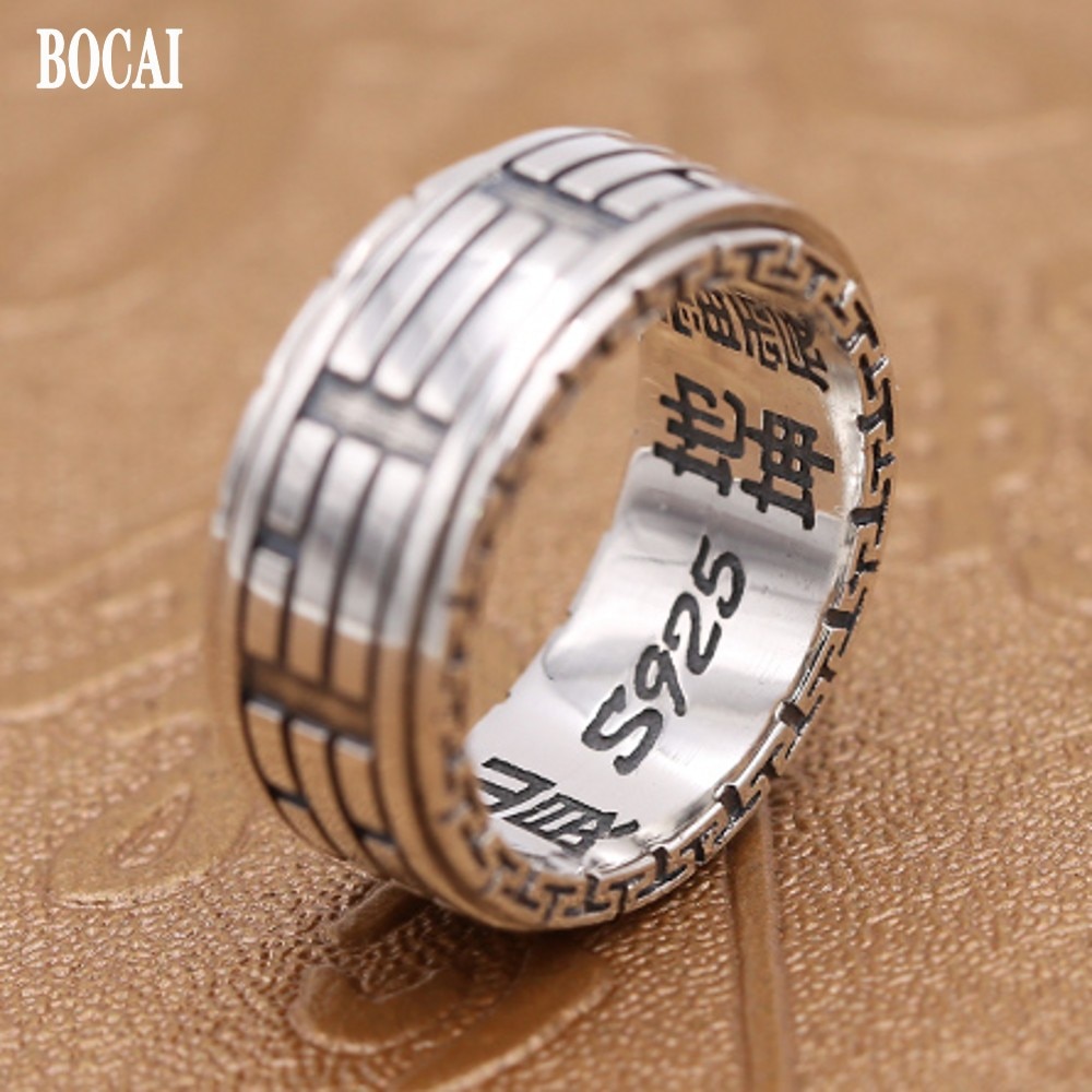 925 Puur Zilver Intime Taoïstische Yin Yang Vis Taiji Bagua Ring Rotatie Breed Retro Dominante Mannelijke