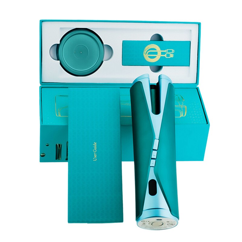 Automatic Hair Curler Ceramic Magic Iron Waves Multistyle Tools USB Rechargeable Rotating Curling LCD Display For Curly Machine: Cyan