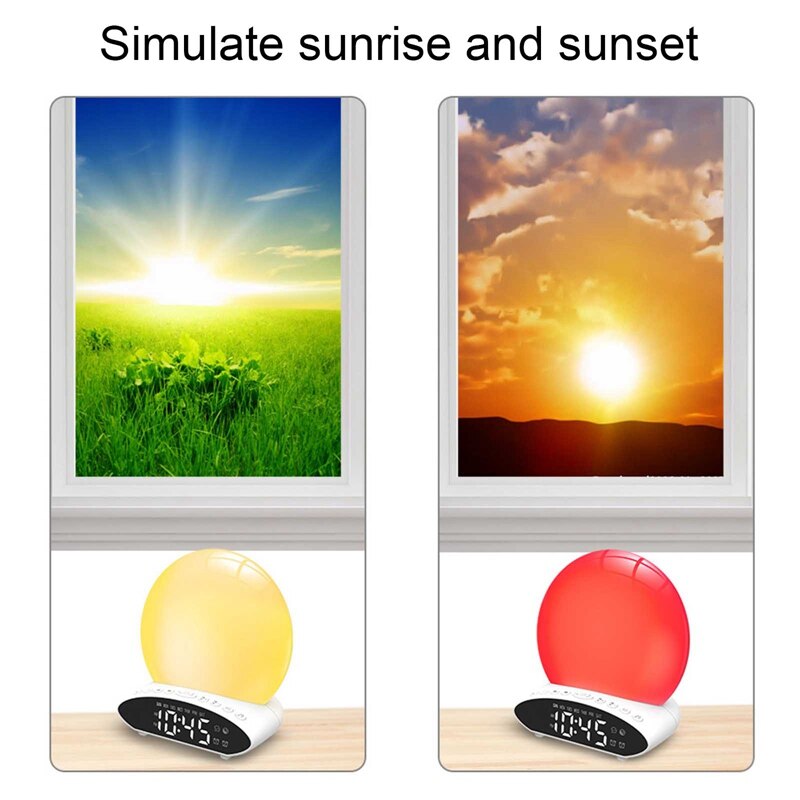 Wake Up Light Alarm Clock Digital Night Lamp Clock Colorful Simulation Sunrise and Sunset Music FM Radios Bedside Light