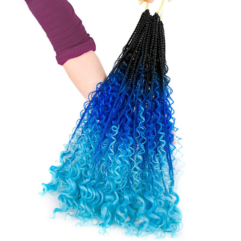 24Inch Box Braids Hair Boho Braids Ombre Synthetic Curly Crochet Braiding Hair Extension Messy Goddess Black Brown: T BLUE