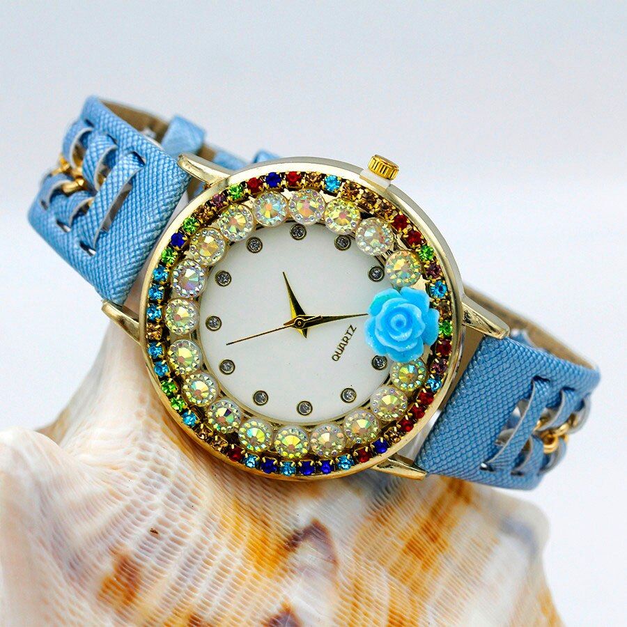Ladies Flower Hand-knitted Wristwatch Rose Women Dress Watch Color Sparkling Rhinestone Leather Strap Clock Sweet Girl Watch