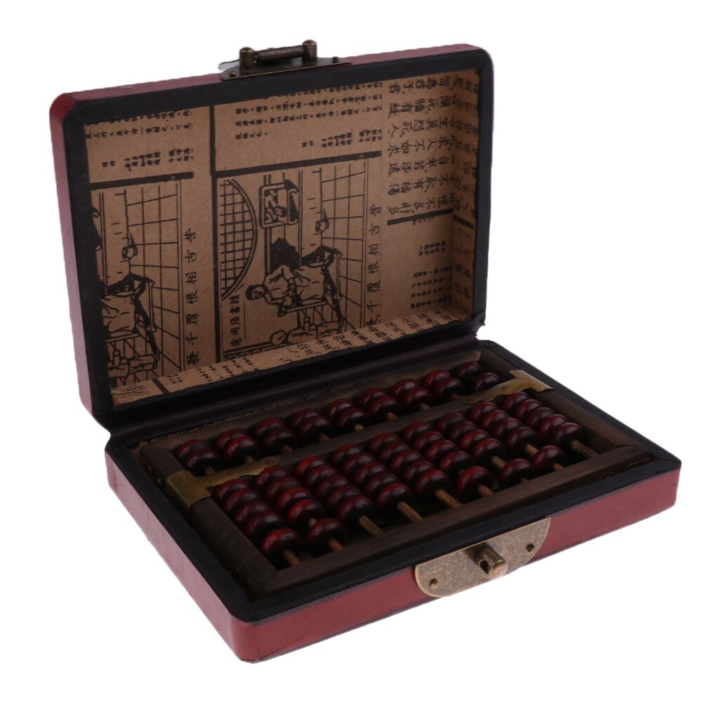 9 Rows Vintage Chinese Wooden Bead Arithmetic Abacus with Box Calculator Counting Collection