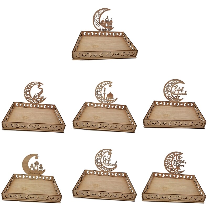 Wooden Islamic Dessert Tray Plate Dishes Mubarak Islamic Muslim Party Decoration Festival Table Decor