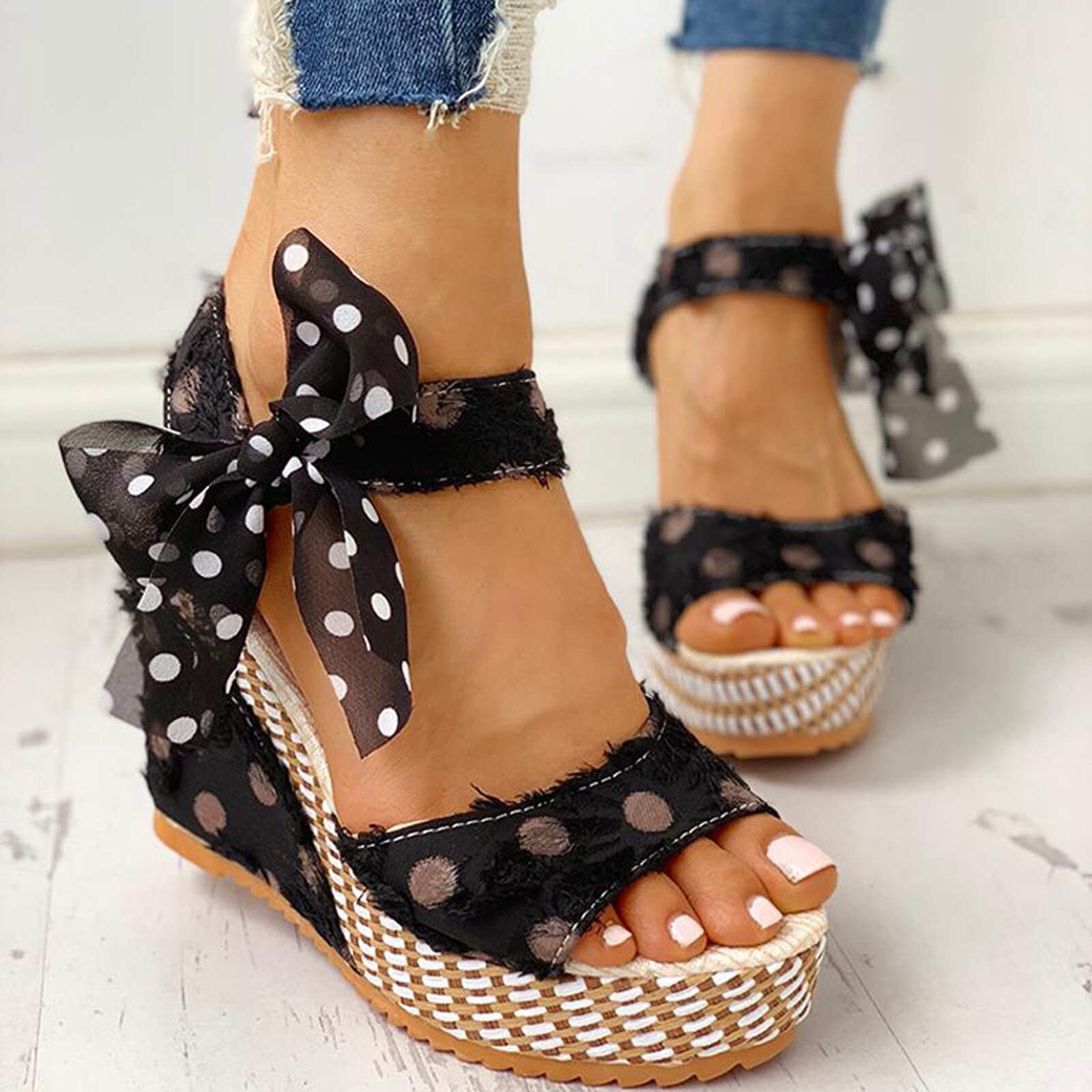 Vrouwen Sandalen Dames Zomer Mode Toevallige Platform Wiggen Hak Sandalen Mode Dot Lace-Up Strand Schoenen Schoeisel Plus size