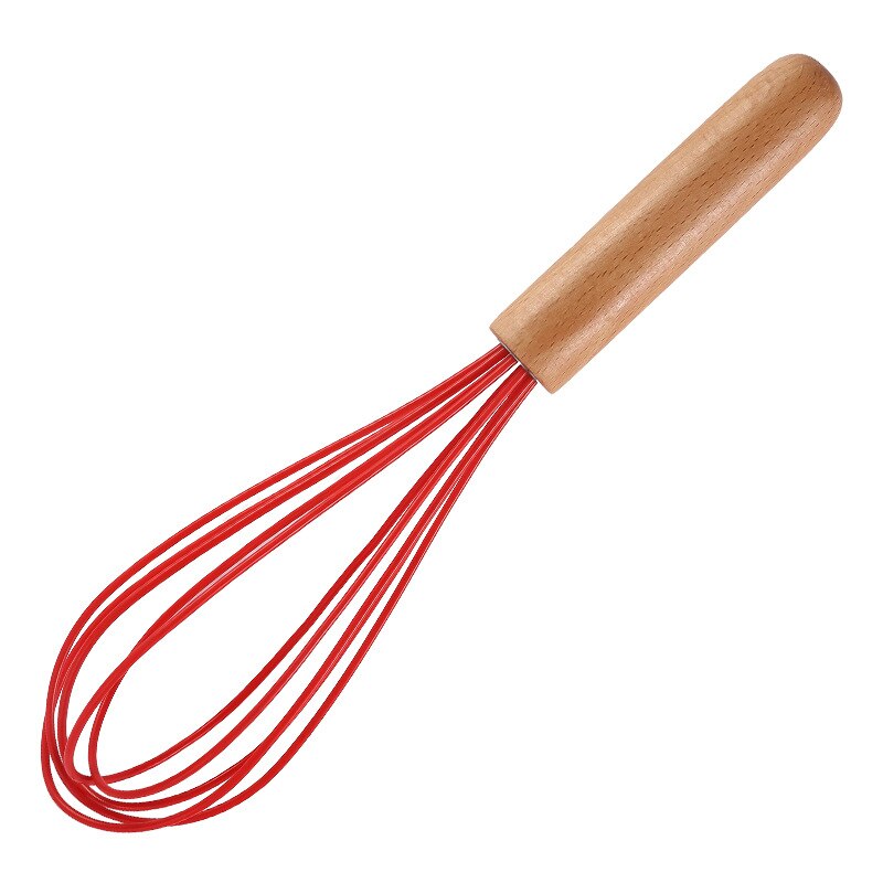 Silicone Wooden Handle Egg Beater 10 Inch Wooden Handle Manual Kitchen Mixer Household Baking Tools: red