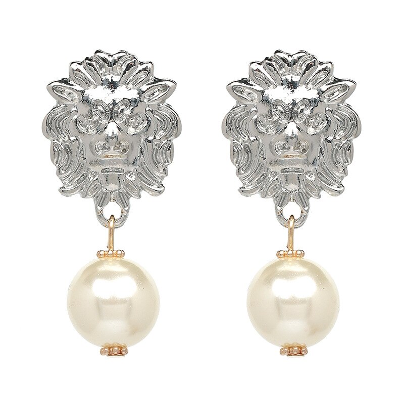 Vintage Lion Head Pearl Earrings for Women Trendy Gold Lion Head Big Dangle Earring Metal Baroque Ear Jewelry: Silver Plated