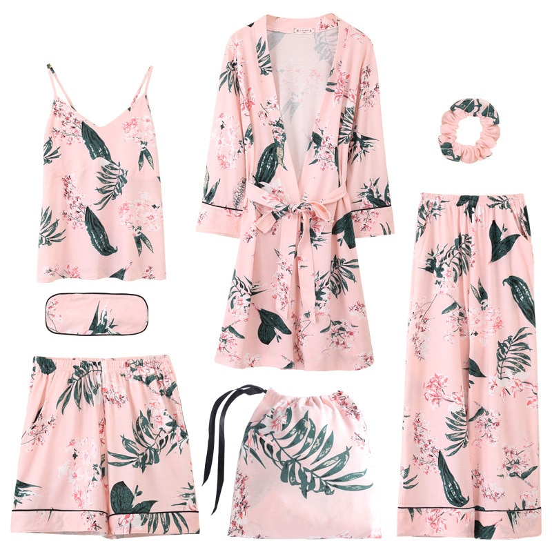 Summer Autumn Winter 7 Pieces Set Cotton Women Pajamas Full Shorts Long Sleeve Top Elastic Waist Pants Silk Lounge Robe