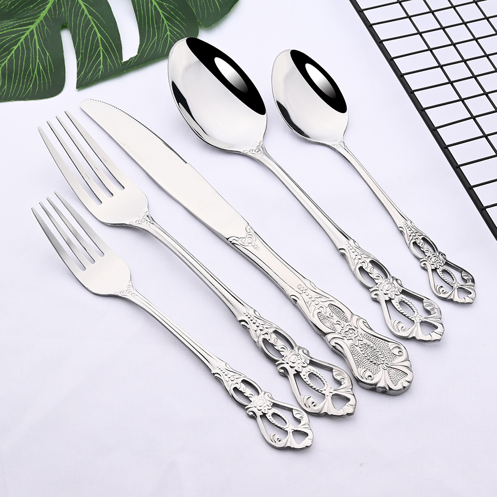 5Pcs Luxury Silver Western Dinnerware Set Stainless Steel Flatware Cutlery Set Home Fork Knife Spoon Tableware Silverware Set