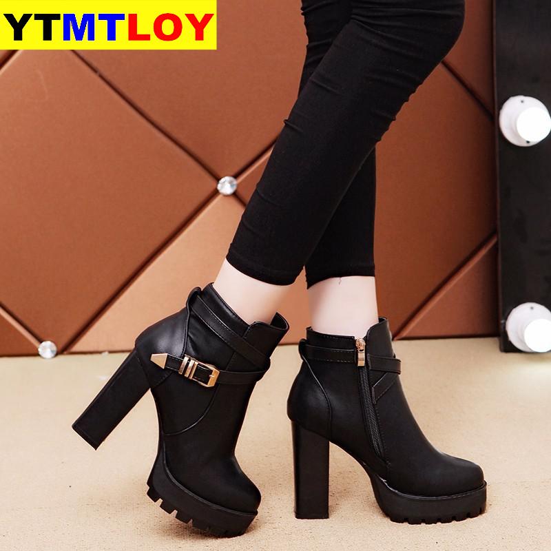 Botas cortas de cuero con estilo para mujer, botines sexis de invierno de tacón alto, zapatos para de boda para mujer, zapatos con hebilla de cristal 35-40