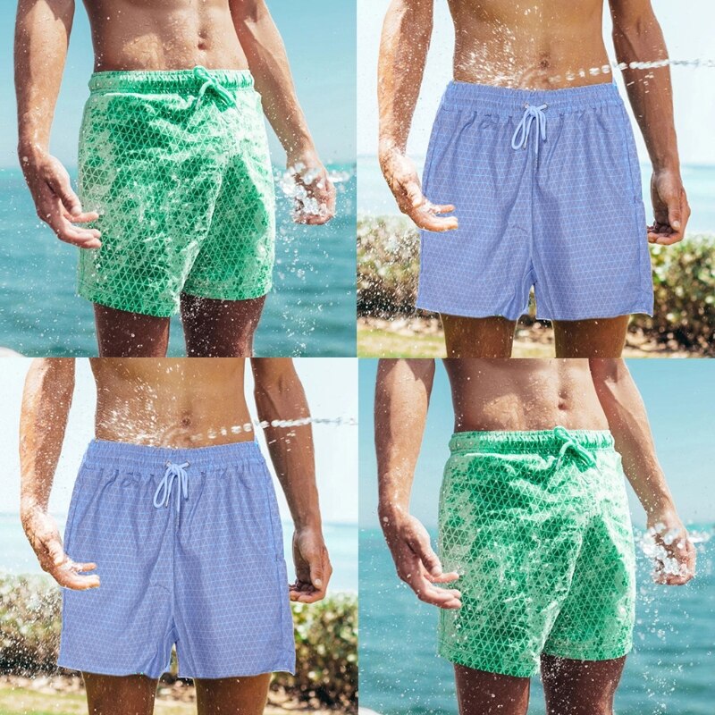 Men Magic Color Changing Swim Trunks Water Discoloration Surf Beach Board Rhombus Plaid Shorts Quick Dry Drawstring Sport Pants