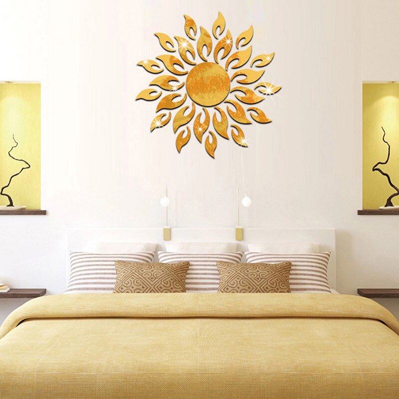 15.5CM Golden Sun DIY Mirror Wall Sticker Modern Home Decal Room Decoration for Bedroom Wallpaper Art Sticker