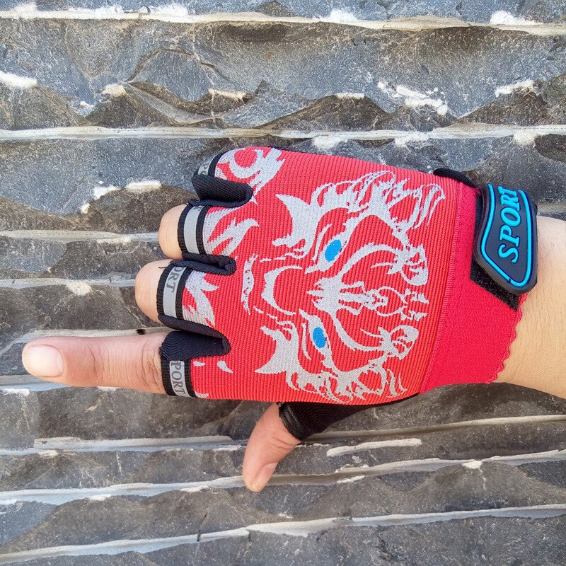Children Cycling Half Finger Bicycle Gloves High Elastic Non-slip Child Kid Bike Gloves Riding Outdoor Camouflage Equipment: Red wolf