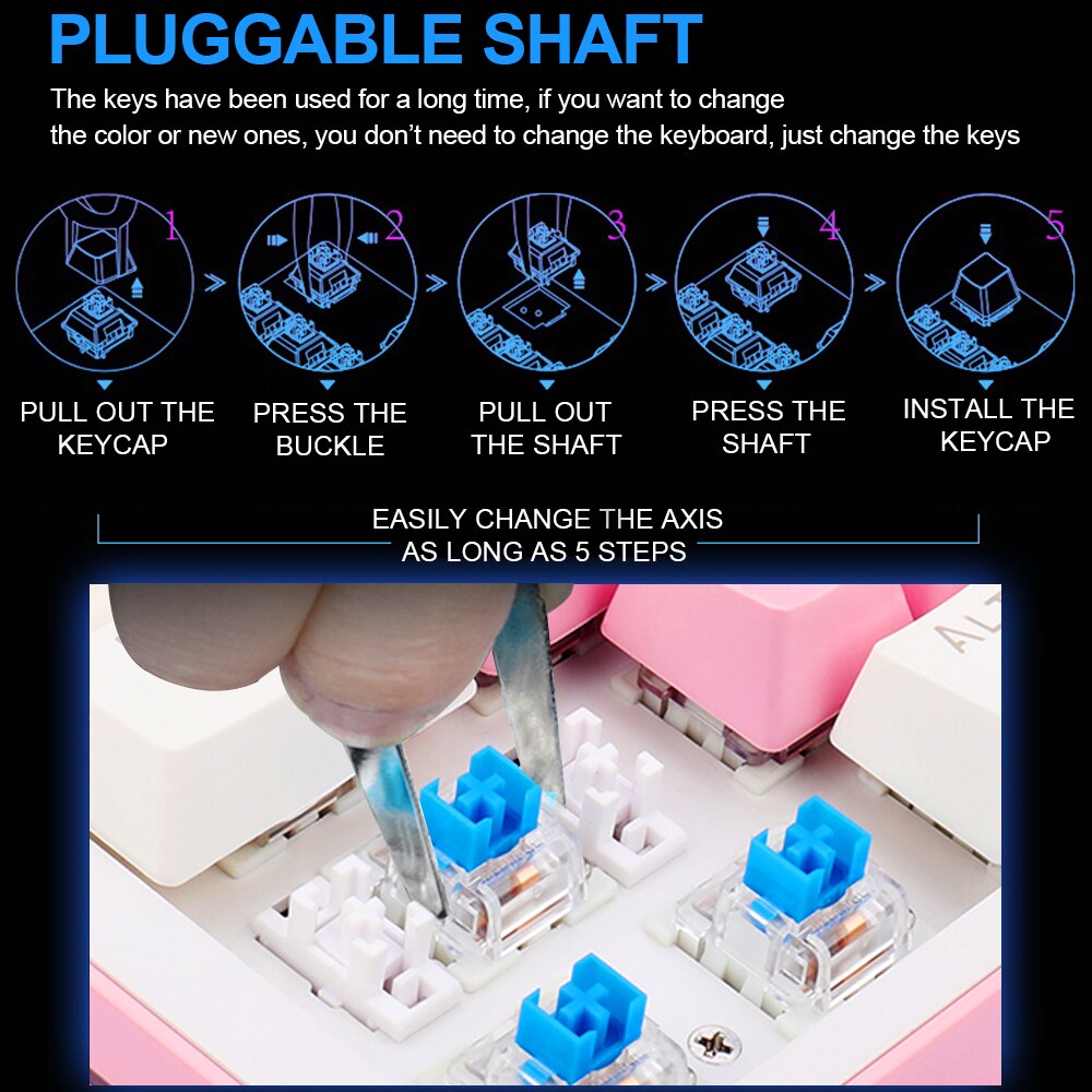 REDRAGON BES K611 USB Pink White Mechanical Gaming Keyboard Blue Switch Led Backlit 87 Keys Computer PC Gamer