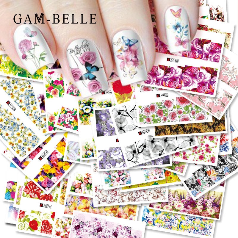 Gam-Belle 50 Pcs Mix Kleurrijke Volledige Nail Bloem Nail Art Water Transfer Sticker Nail Sticker Sets Voor Gel polish Manicure Decals
