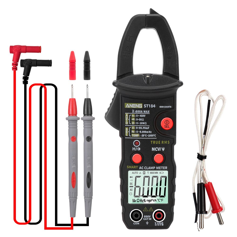 Digital Clamp Meter AC/DC Voltage Tester Ohm Hz Tester Multimeter True RMS Voltage Meter ST184 6000 Counts: ST184 black