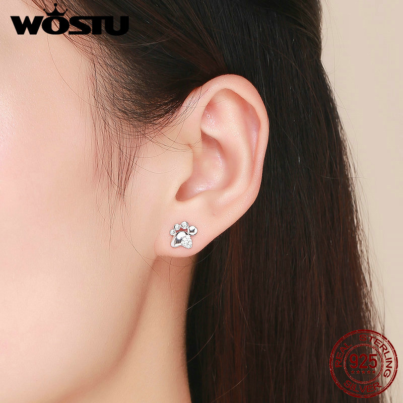 WOSTU 925 Sterling Silver Footprints Dog Paw Small Stud Earrings For Women Wedding Luxury Silver Earrings 925 Jewelry FNE033