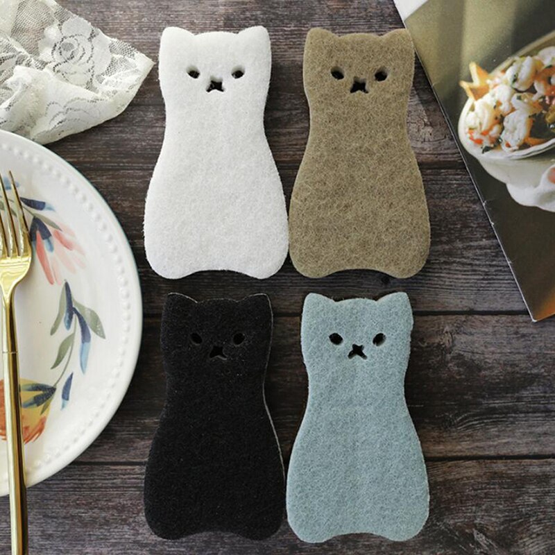 Éponge de nettoyage 3 couches en forme de chat mignon, 4 pièces, absorbe l'eau, lave-vaisselle, forte rouille, fournitures de nettoyage de cuisine
