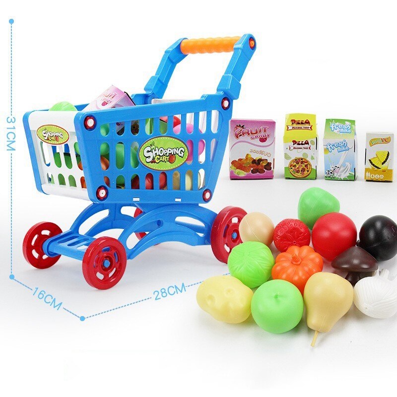 1Set Kids Simulation Supermarket Shopping Cart Mini Trolley With Fruit Vegetable