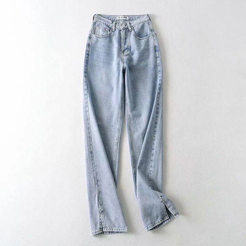 Gewassen denim broek jeans dames boyfriend jeans casual broek split lange broek onderkant zwarte jeans: Hemelsblauw / Ik
