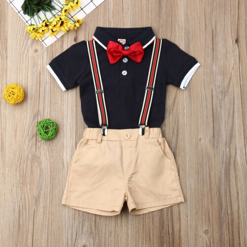 Brand Baby Boy Toddler Kids Gentleman Clothes Bowtie Short Sleeve Shirt+Shorts Bib Pants Outfit Toddler Formal Clothing Boy
