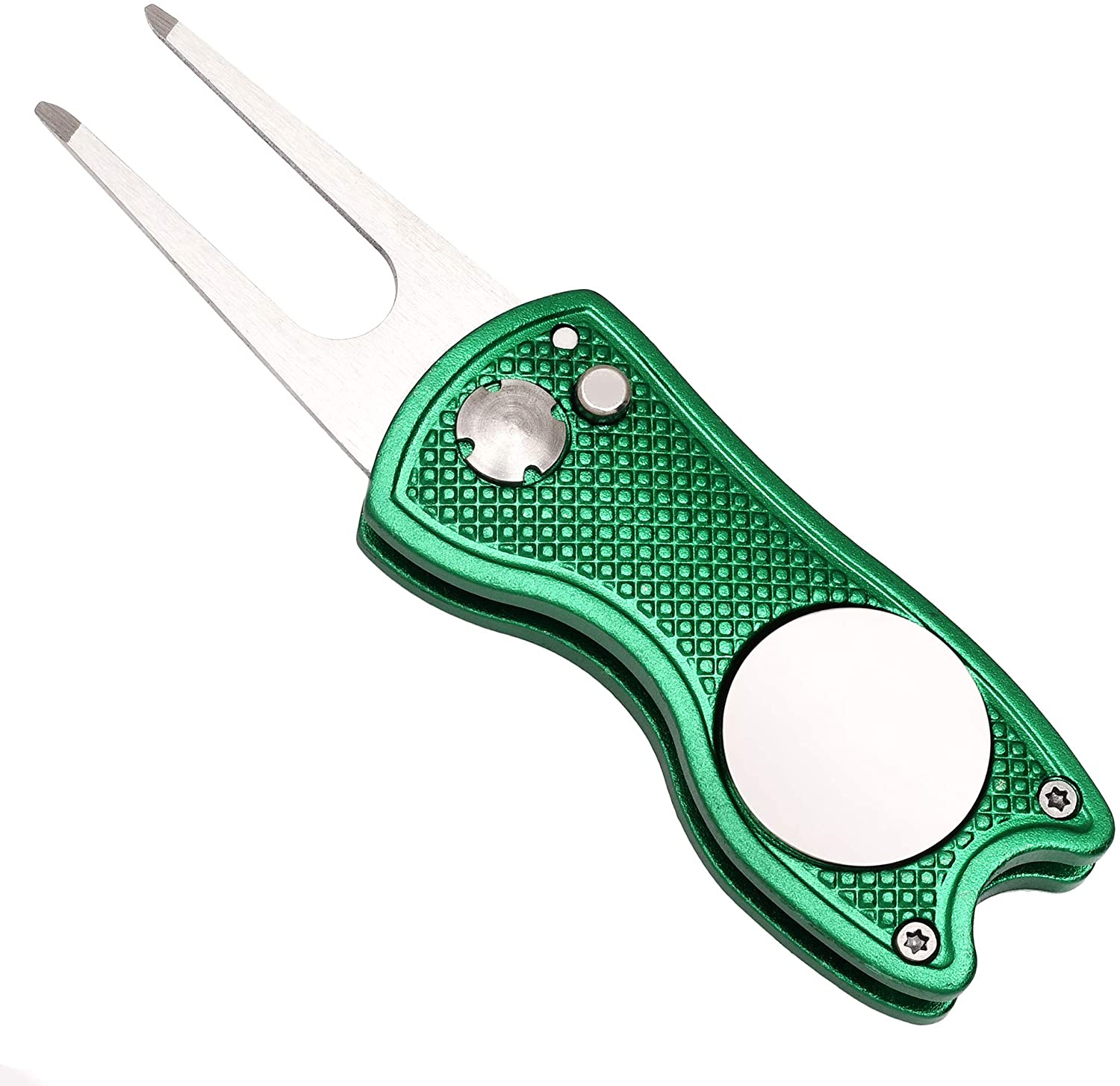 Mile High Life All Metal Foldable Golf Divot Tool with Pop-up Button & Magnetic Ball Marker (Multi-Colors/Shape): Green Fish