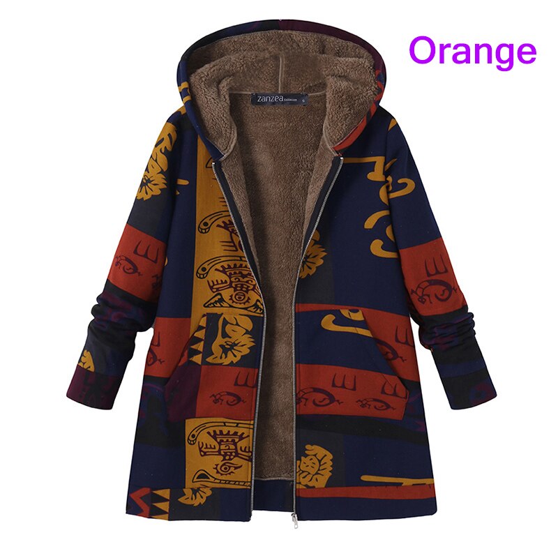 ZANZEA Parkas Autumn Long Sleeve Basic Outerwear Women Retro Hooded Ethnic Printed Faux Fluffy Thin Coat Plus Size Jackets: Orange / 4XL