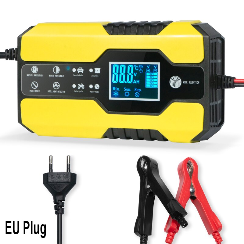 Car Battery Charger/Maintainer 12/24V Touch Screen Pulse Repair LCD Battery Charger for Car Motorcycle Lead Acid Battery AGM GEL: EU Plug