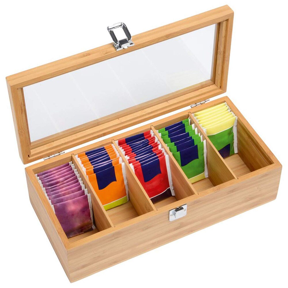 Natural Wood Tea Caddies Tea Bag Jewelry Organizer Chest Storage Box 5 Compartments Tea Box Wood Sugar Packet Container